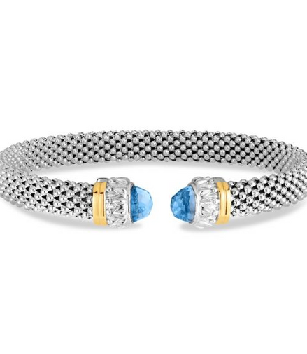 Phillip Gavriel Silver And 18K Gold  Blue Topaz Popcorn Renaissance Open Cuff Bangle Bracelet