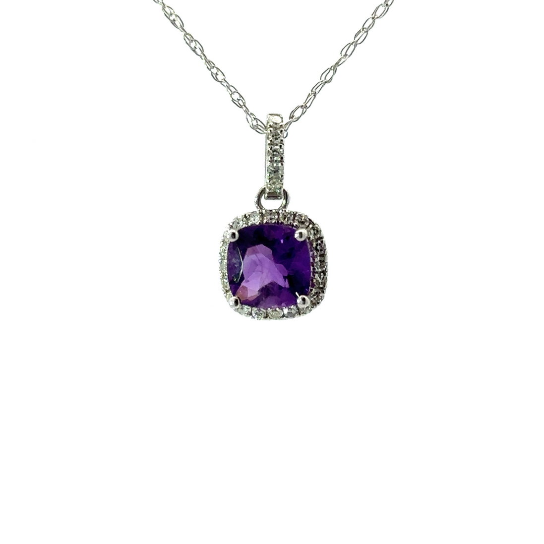 Ladies 14K White Gold Amethyst And Diamond Necklace