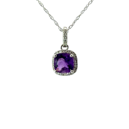 Ladies 14K White Gold Amethyst And Diamond Necklace