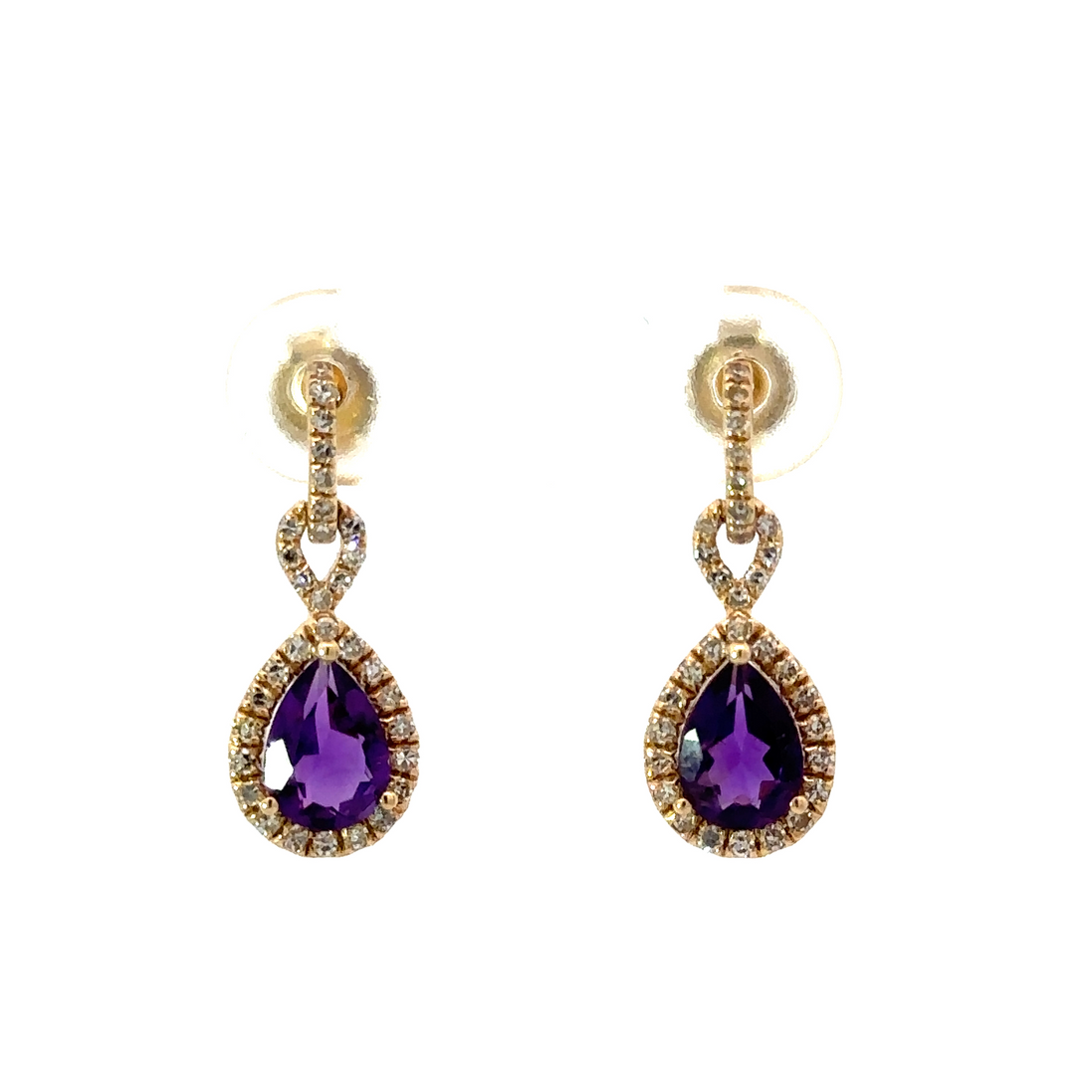 Ladies 14K Yellow Gold Amethyst And Diamond Dangle Earrings