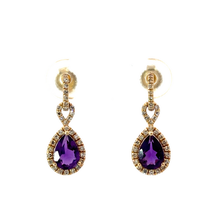 Ladies 14K Yellow Gold Amethyst And Diamond Dangle Earrings