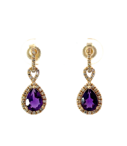Ladies 14K Yellow Gold Amethyst And Diamond Dangle Earrings