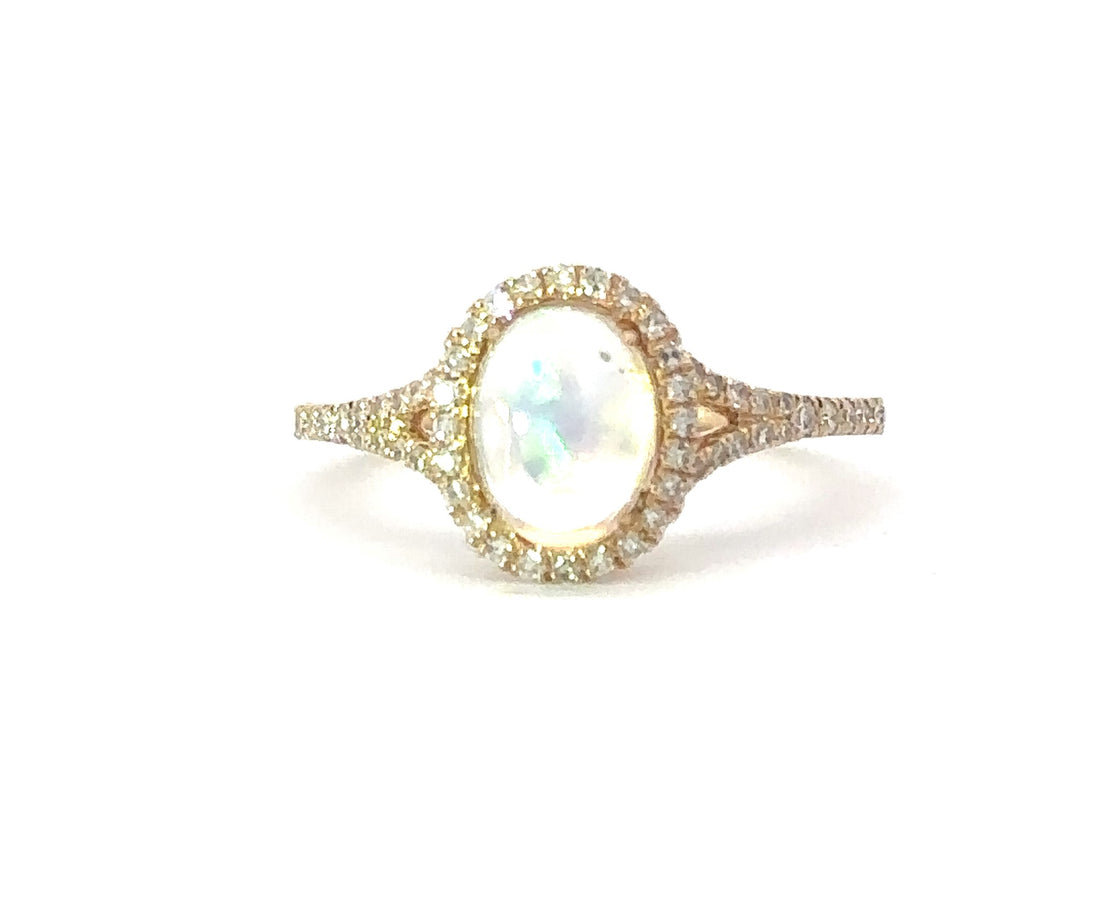 14K Yellow Gold Oval Opal and Diamond Fashion Ring