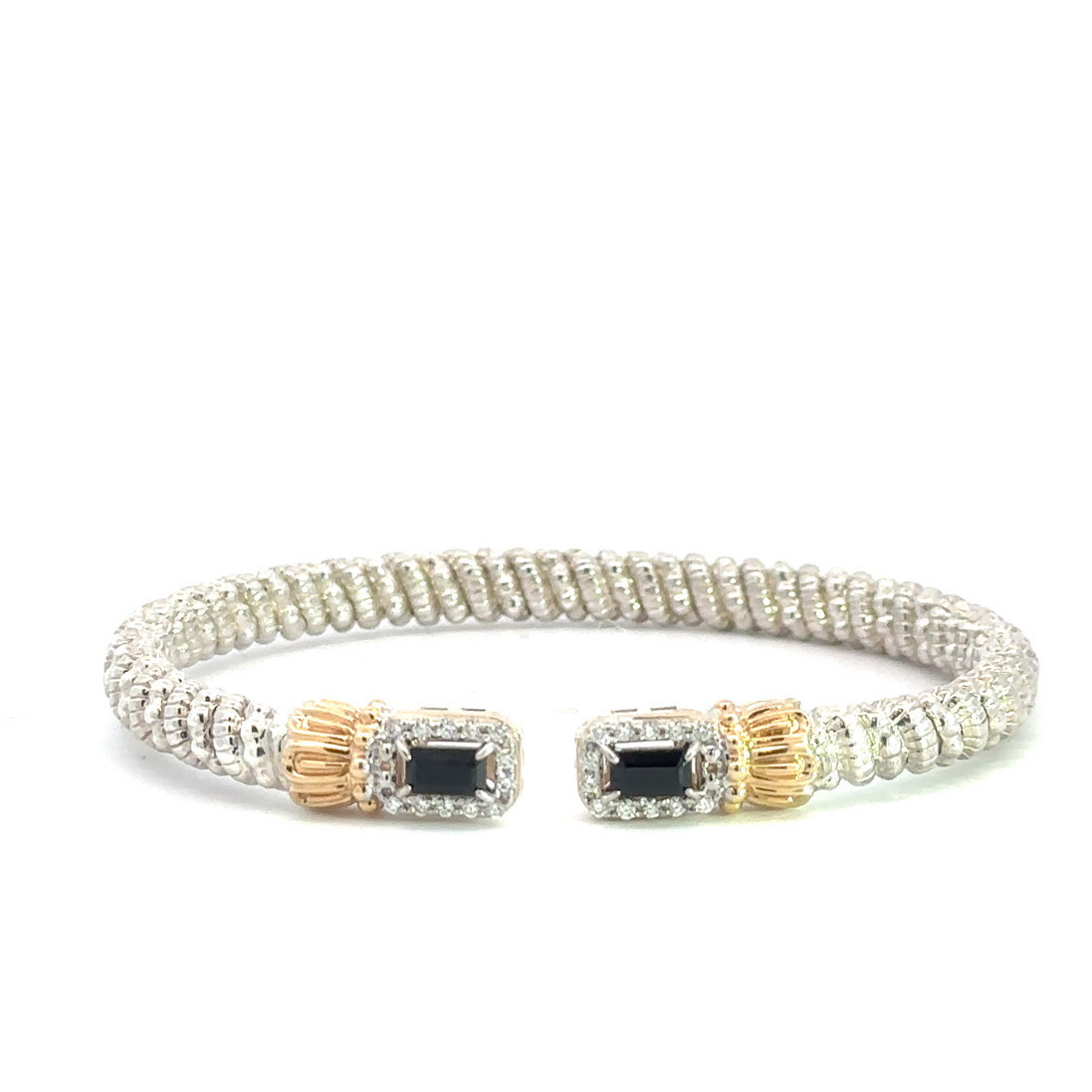 Vahan 14K Gold And Sterling Silver Diamond With Black Onyx 4mm Open Cuff Bracelet