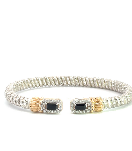 Vahan 14K Gold And Sterling Silver Diamond With Black Onyx 4mm Open Cuff Bracelet