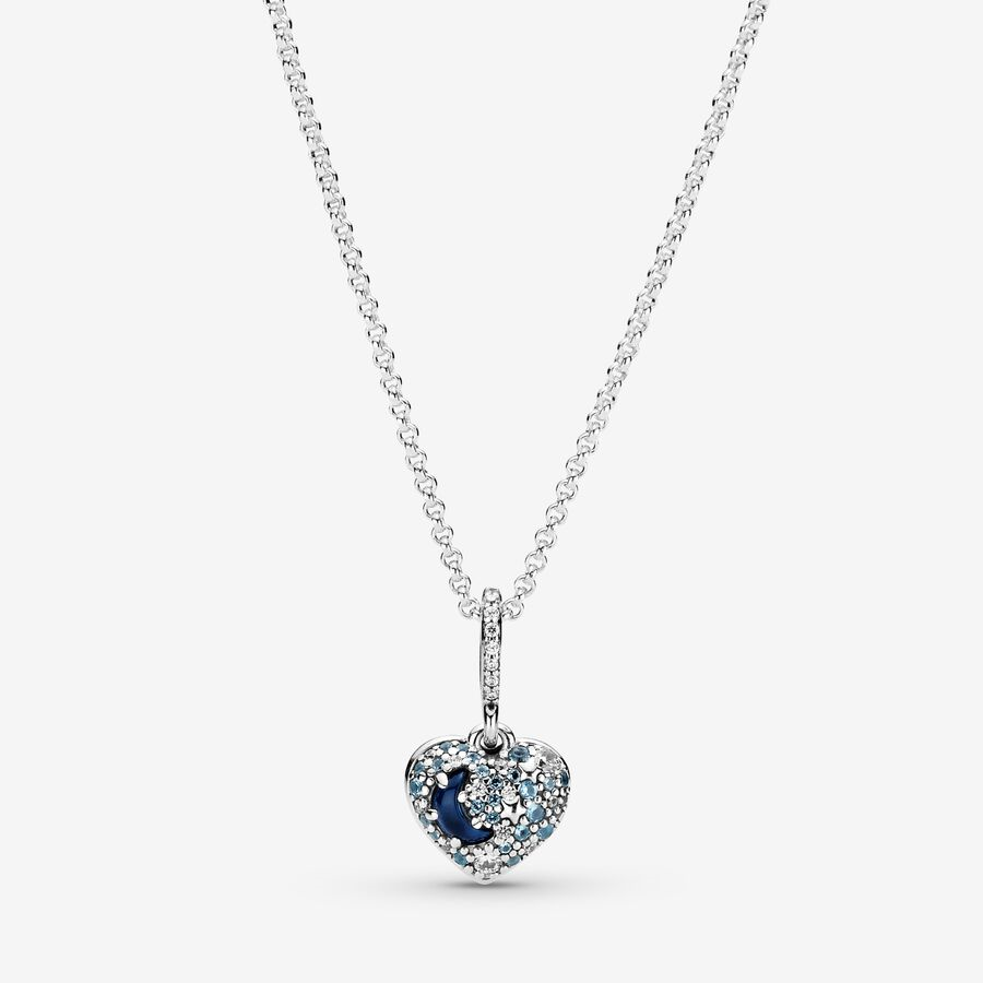 Pandora Sparkling Blue Moon & Stars Heart Necklace 50