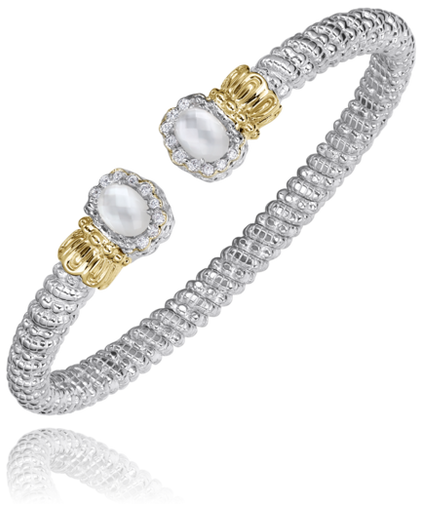 Vahan 14K Gold And Sterling Silver Diamond And Mother Of Pearl 4mm Open Cuff Bracelet