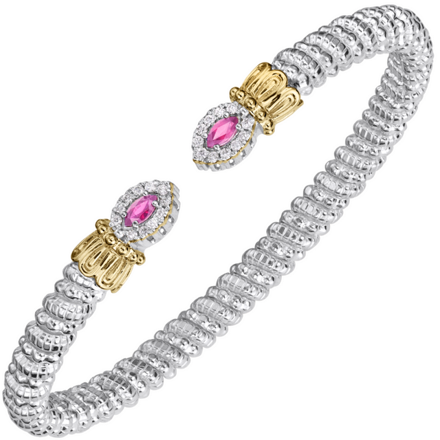 Vahan 14K Gold And Sterling Silver Pink Sapphire And Diamond 4mm Open Cuff Bracelet