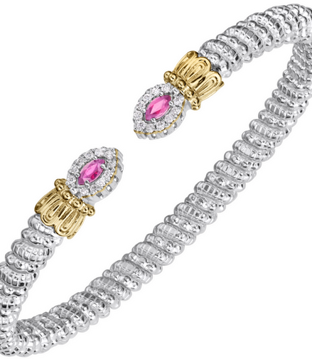 Vahan 14K Gold And Sterling Silver Pink Sapphire And 0.17 CTW Diamond 4mm Open Cuff Bracelet