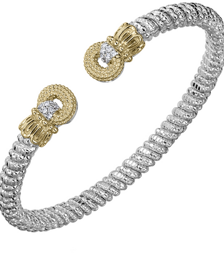 Vahan 14K Gold And Sterling Silver 4mm 0.11 CTW Diamond Beaded Open Cuff Bangle