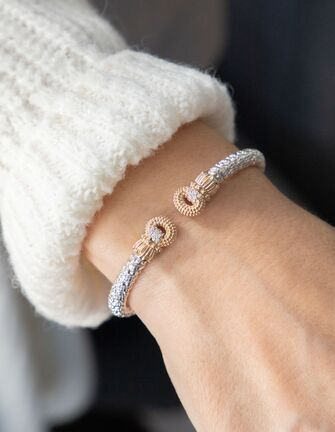 Vahan 14K Gold And Sterling Silver 4mm Diamond Beaded Open Cuff Bangle