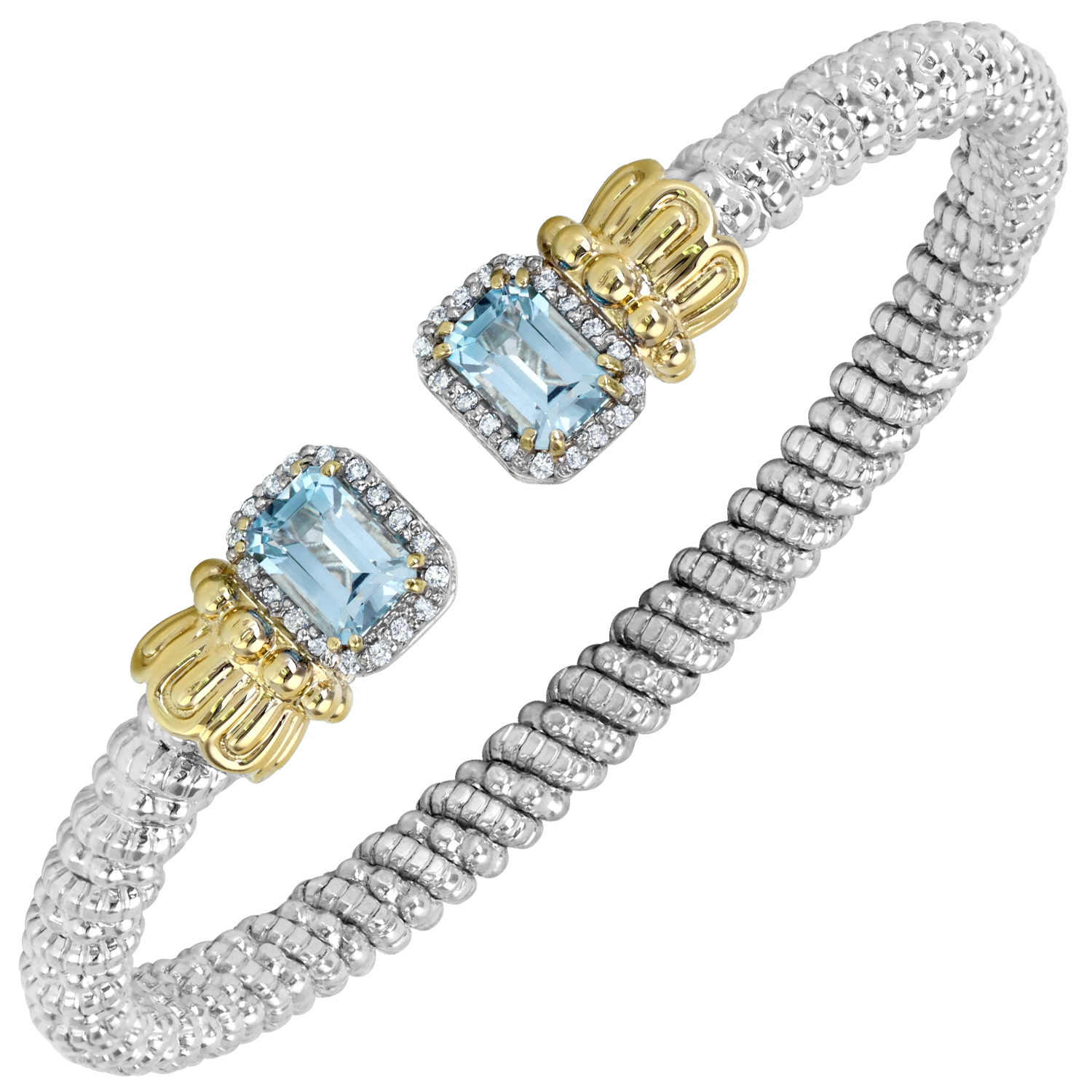 Vahan 14K Gold And Sterling Silver Diamond And Sky Blue Topaz 4mm Open Bracelet