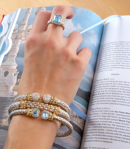 Vahan 14K Gold And Sterling Silver Diamond And Sky Blue Topaz 4mm Open Bracelet