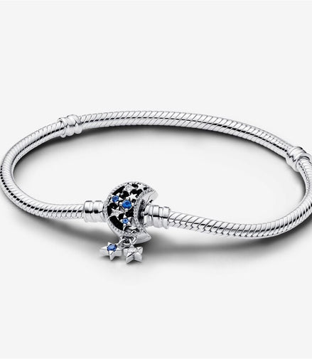 Pandora Moments Sparkling Moon Clasp Snake Chain Bracelet Size 17