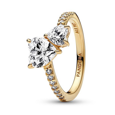 Pandora Timeless Gold Plated Double Heart Sparkling Ring  Size 6