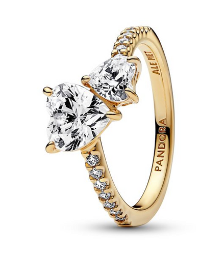 Pandora Timeless Gold Plated Double Heart Sparkling Ring Size 7