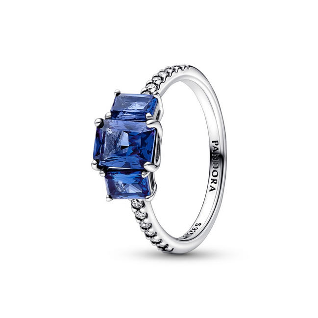 Pandora Timeless Blue Rectangular Three Stone Sparkling Ring Size 7.5