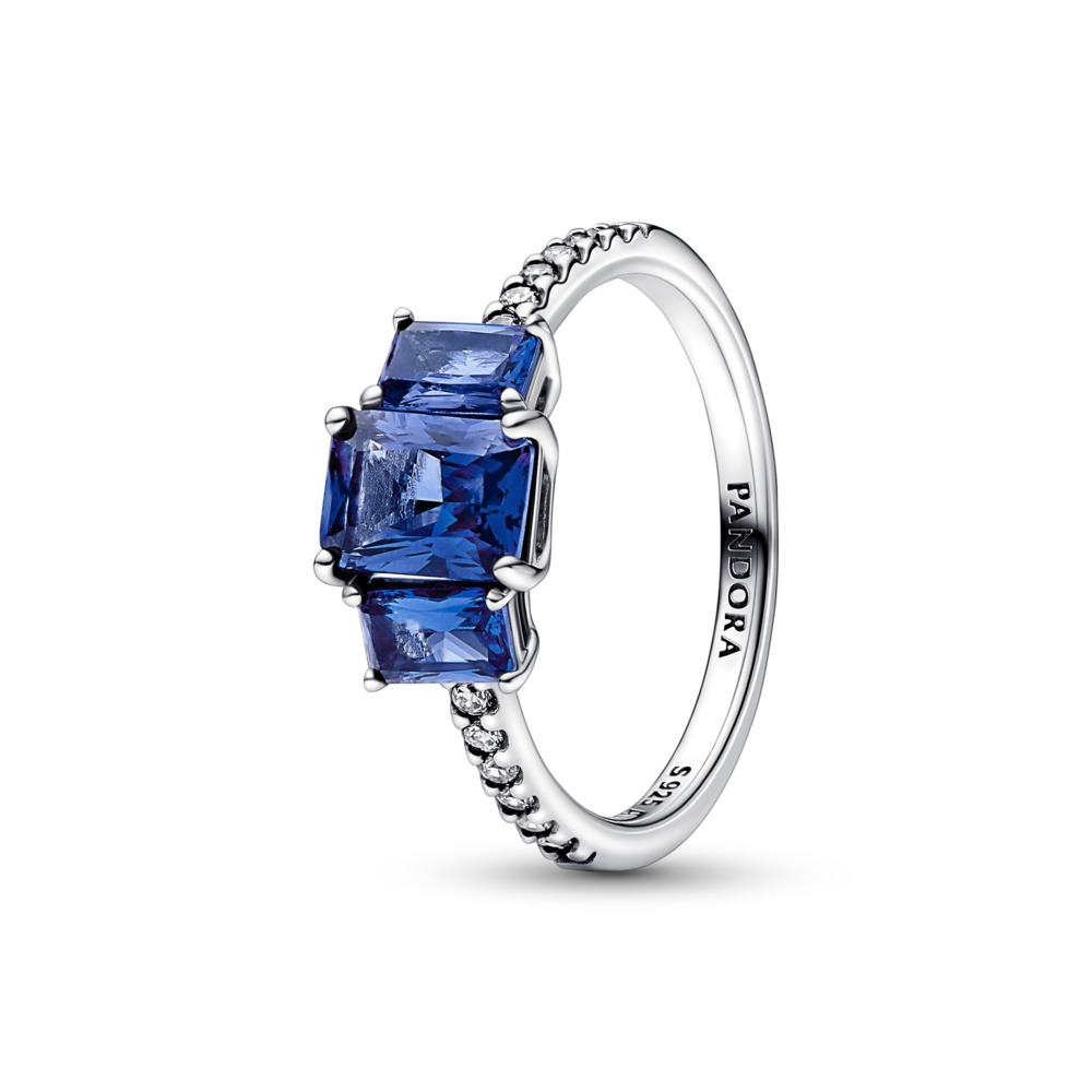 Pandora Timeless Blue Rectangular Three Stone Sparkling Ring Size 7.5