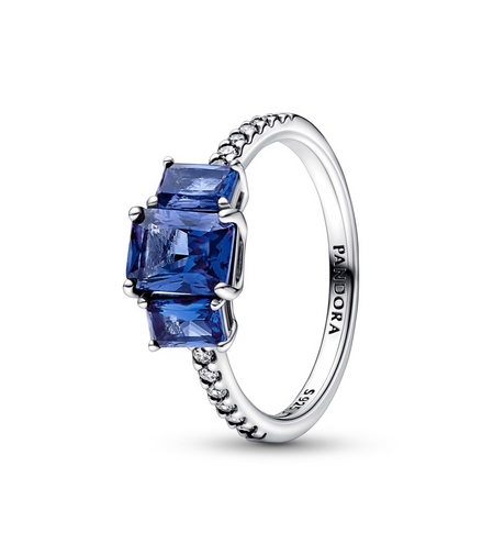Pandora Timeless Blue Rectangular Three Stone Sparkling Ring Size 7.5