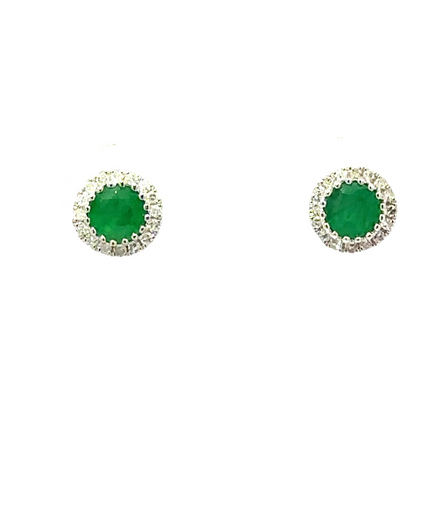 14K White Gold Diamond And Emerald Round Halo Earrings