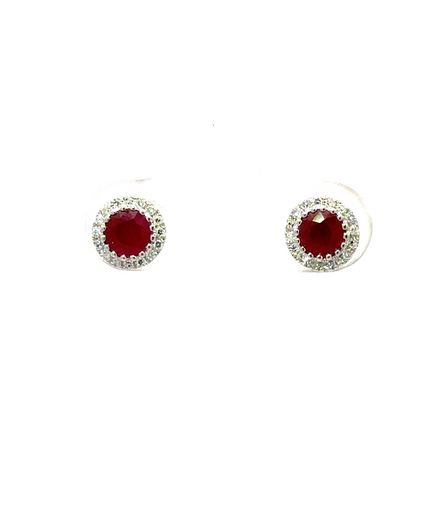 14K White Gold Diamond And Ruby Halo Earrings