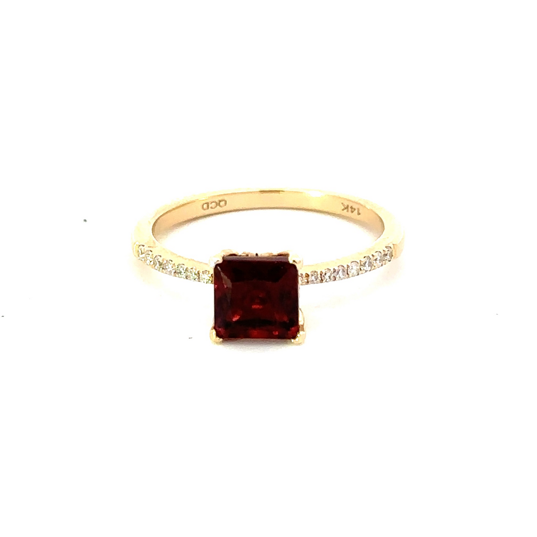 14K Yellow Gold Diamond and Garnet Princess Cut Gemstone Ring