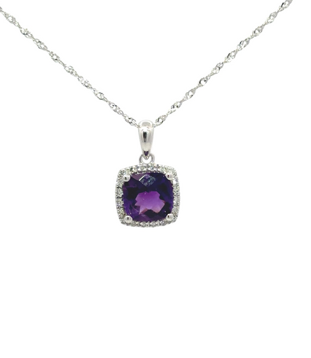 14K White Gold Diamond And Amethyst Pendant Necklace