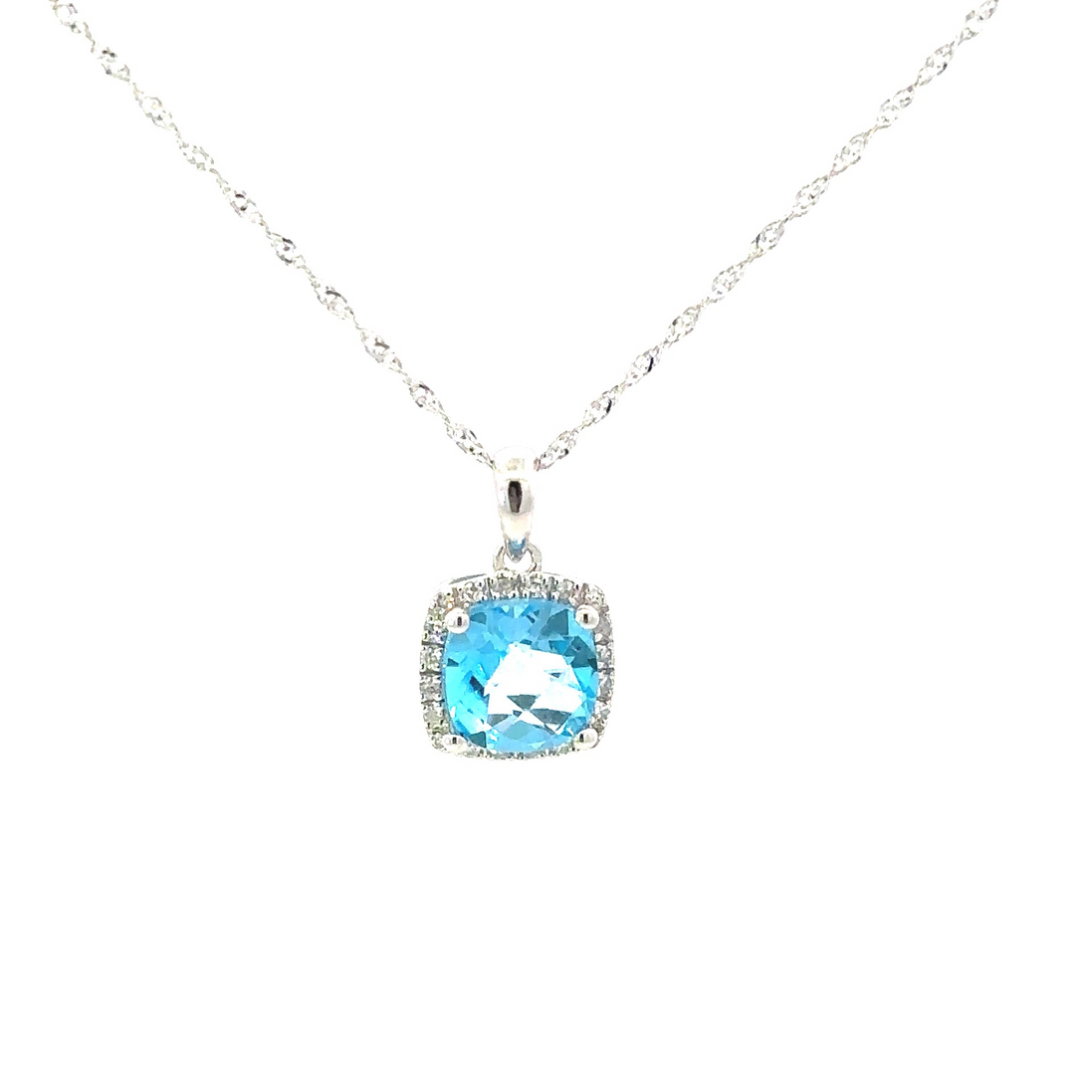 14K White Gold Diamond And Blue Topaz Pendant Necklace