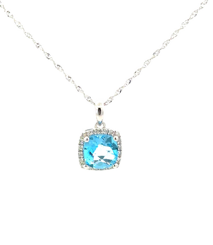 14K White Gold Diamond And Blue Topaz Pendant Necklace