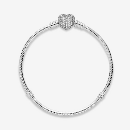 Pandora Moments Sparkling Pave' Heart Clasp Snake Chain Bracelet Size 17