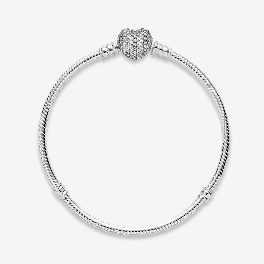 Pandora Moments Sparkling Pave' Heart Clasp Snake Chain Bracelet Size 17