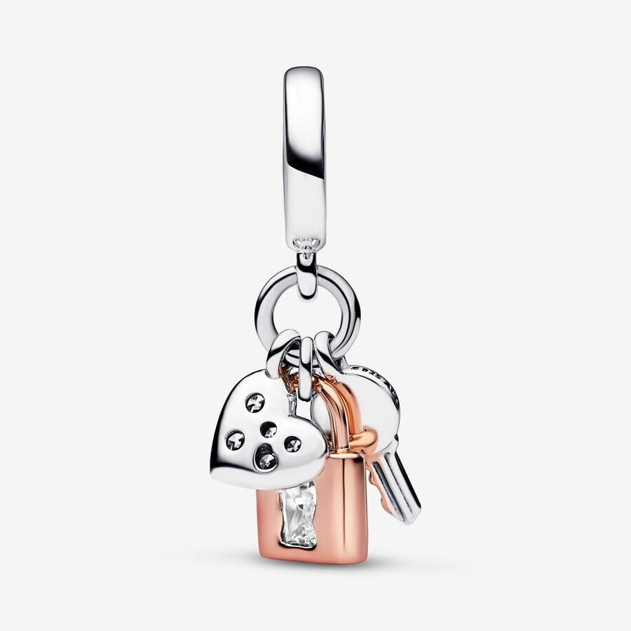 Pandora Moments Two-Tone Key, Padlock & Heart Triple Dangle Charm