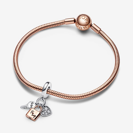 Pandora Moments Two-Tone Key, Padlock & Heart Triple Dangle Charm