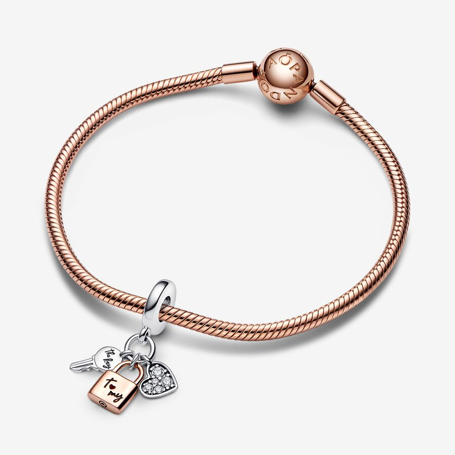 Pandora Moments Two-Tone Key, Padlock & Heart Triple Dangle Charm