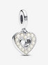 Pandora Moments "Mom"  Pearlescent White Heart Double Dangle Charm