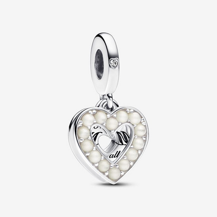 Pandora Moments "Mom"  Pearlescent White Heart Double Dangle Charm