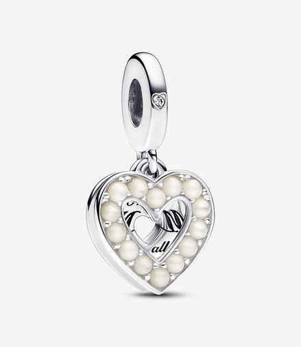 Pandora Moments "Mom"  Pearlescent White Heart Double Dangle Charm