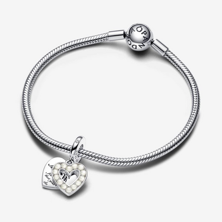 Pandora Moments "Mom"  Pearlescent White Heart Double Dangle Charm