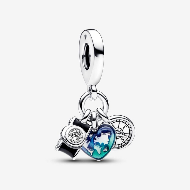 Pandora Moments Camera, Heart & Compass Triple Dangle Charm