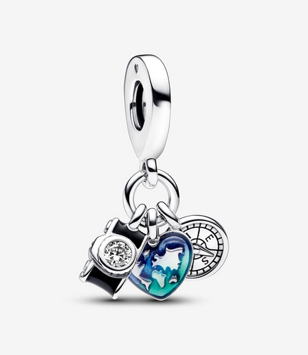 Pandora Moments Camera, Heart & Compass Triple Dangle Charm