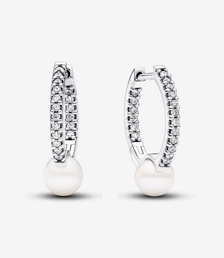 Pandora Essence Treated Freshwater Cultured Pearl & Pavé Hoop Earrings
