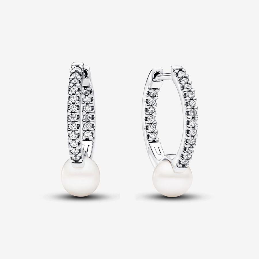 Pandora Essence Treated Freshwater Cultured Pearl & Pavé Hoop Earrings