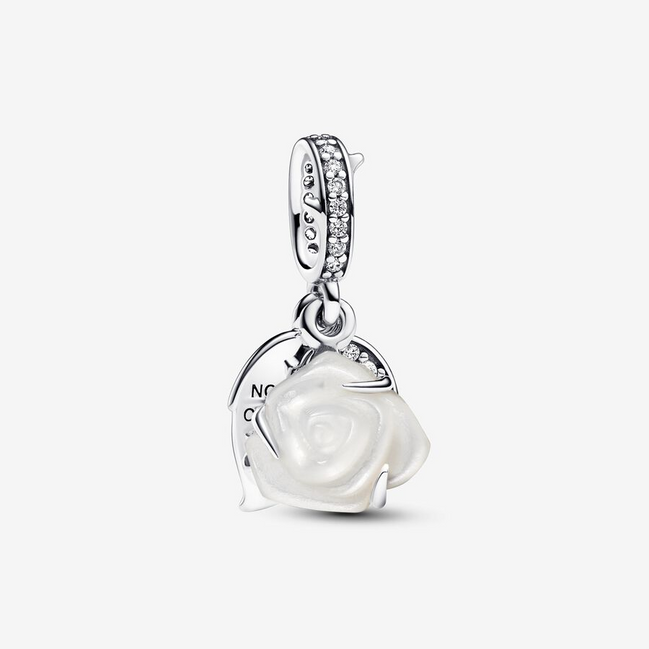 Pandora Moments White Rose in Bloom Double Dangle Charm