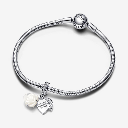 Pandora Moments White Rose in Bloom Double Dangle Charm