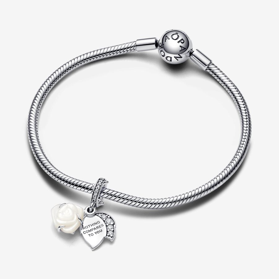 Pandora Moments White Rose in Bloom Double Dangle Charm