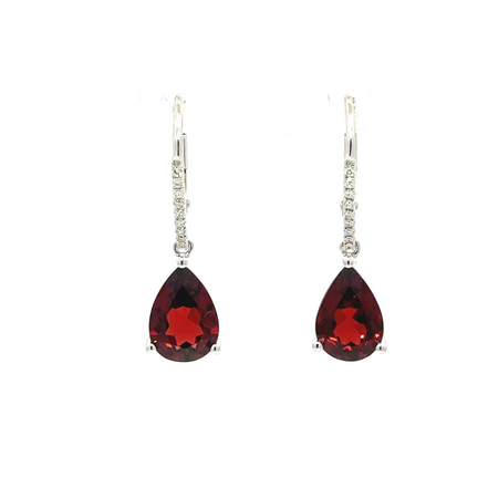 14K White Gold Diamond And Garnet Drop Dangle Earrings