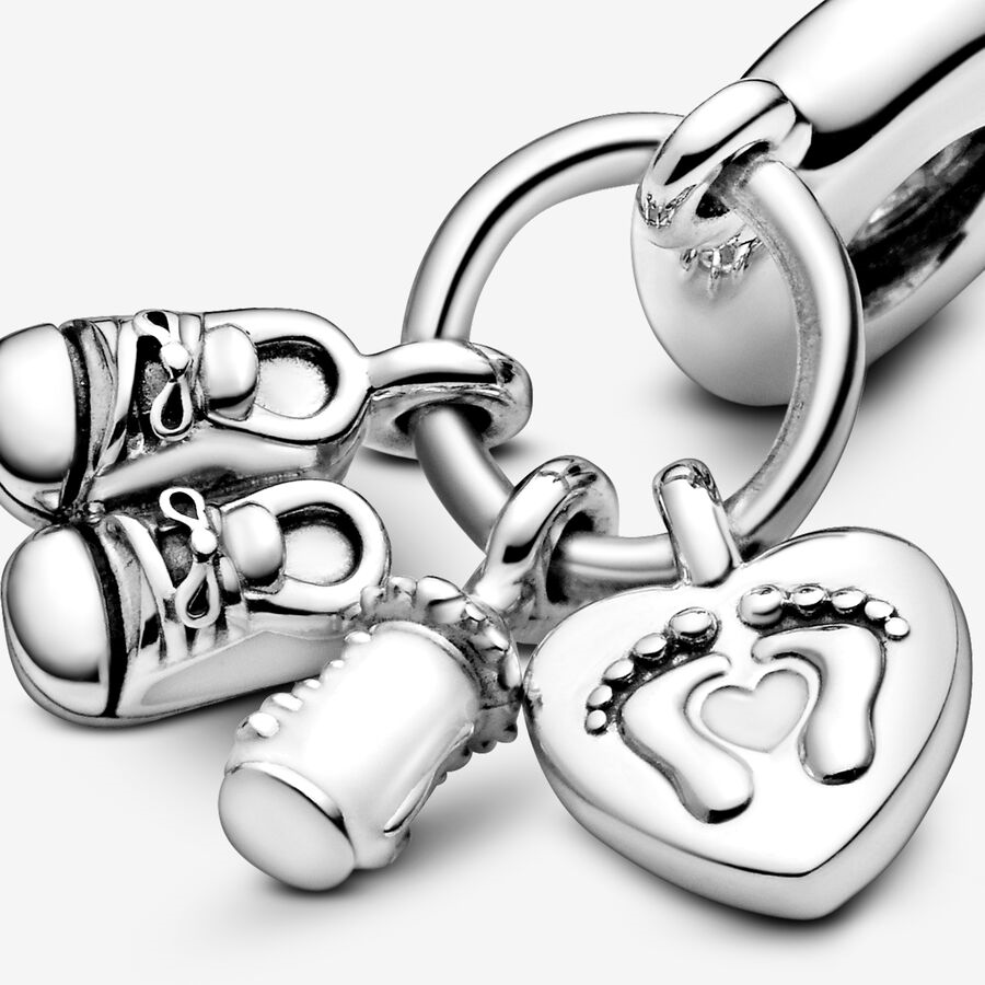 Pandora Moments Shoes, Baby Bottle And Heart Silver Dangle