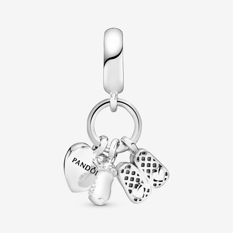 Pandora Moments Shoes, Baby Bottle And Heart Silver Dangle