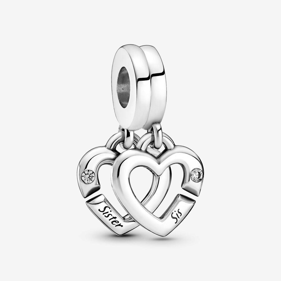 Pandora Moments Silver Linked Sister Hearts Split Dangle Charm