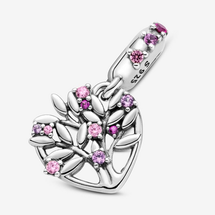 Pandora Moments Silver Pink Heart Family Tree Dangle Charm